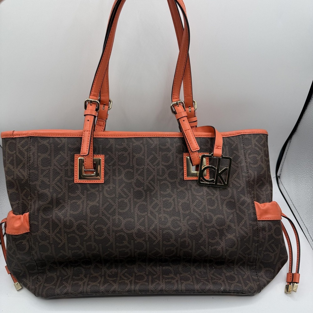 Calvin Klein Tote Bag Womens Large Brown‎ Orange Logo Monogram Shoulder Purse CK
